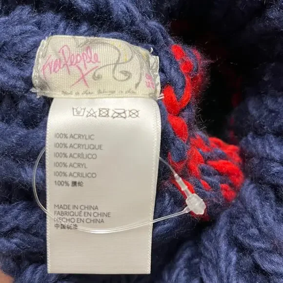 Free People Tide Stripe Knit Pom Beanie Navy Multi Fair Isle Nordic Boho Winter - Picture 5 of 6
